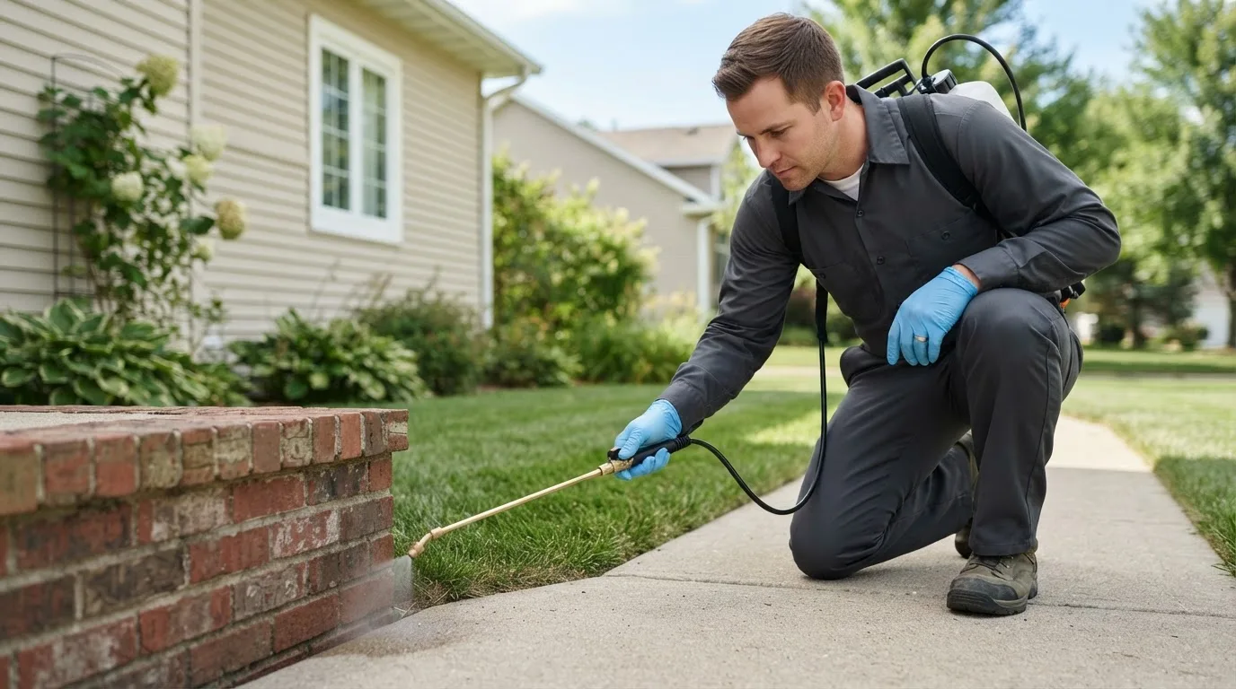 Pest control technician treating a home near Riverside, MO