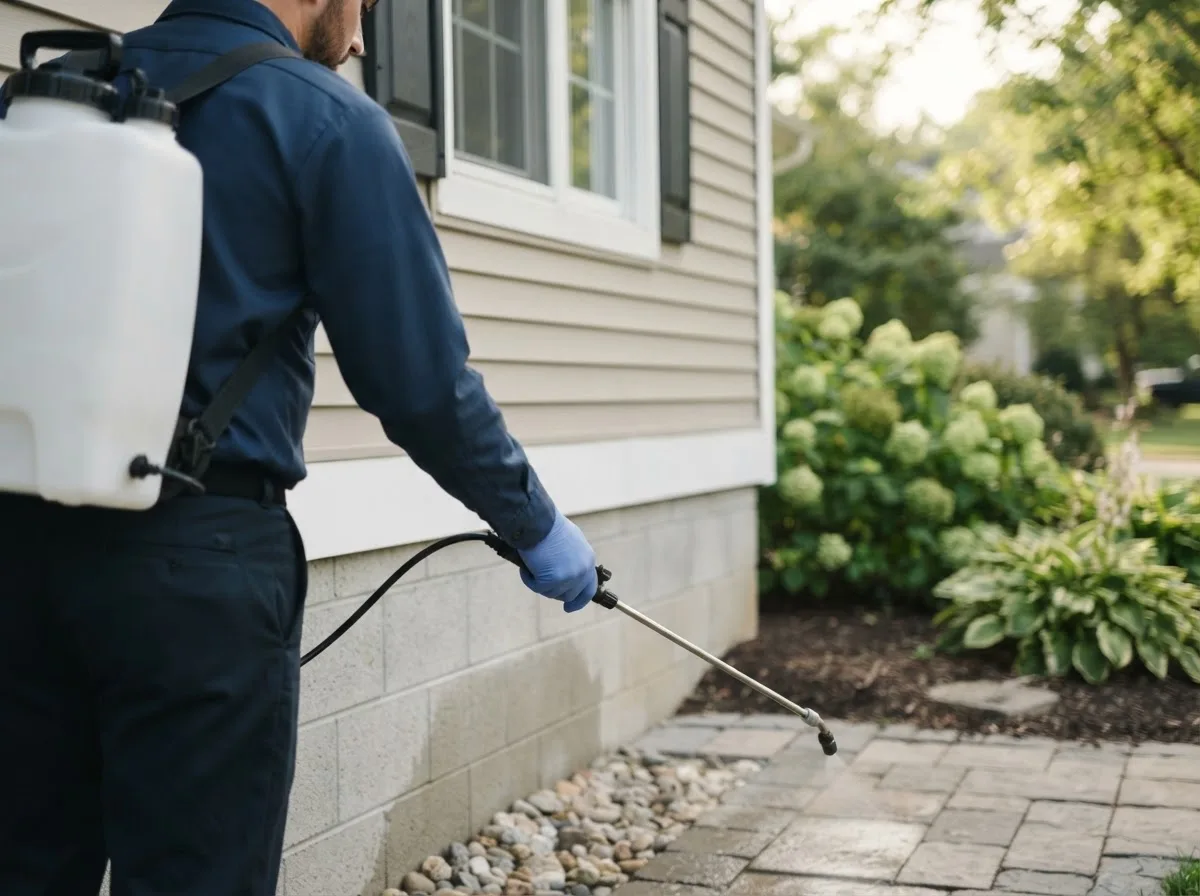 Pest control technician inspecting a home in Riverside, MO